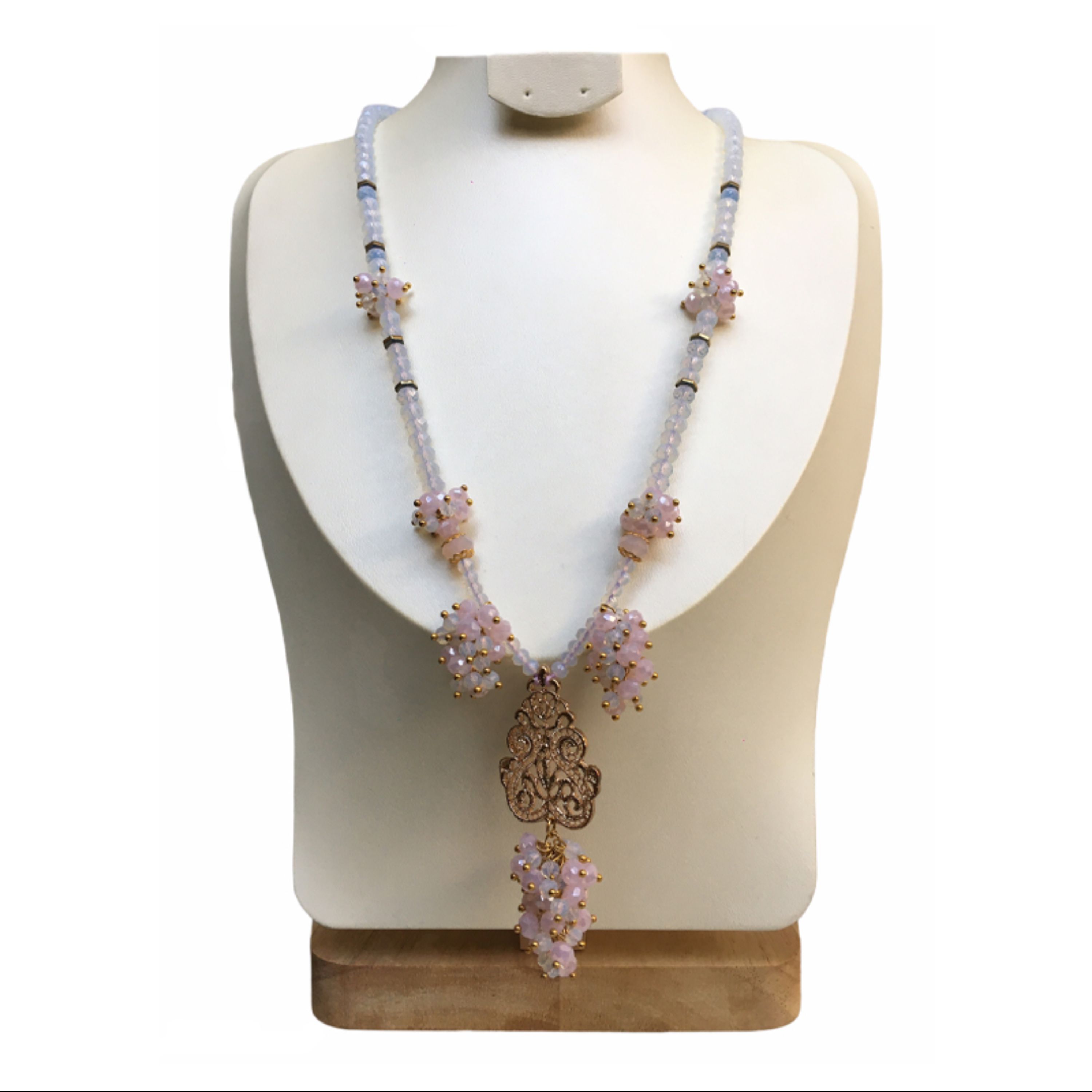 گردنبند جواهربانو تلفیقی از هماتیت کریستال های سفید و صورتی