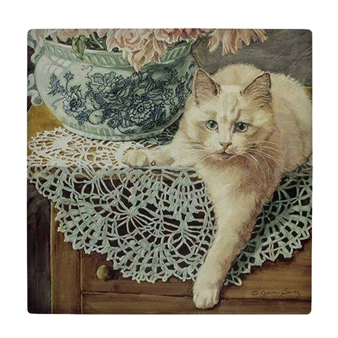 کاشی کارنیلا طرح نقاشی گلدان گل و گربه کد wkk2050