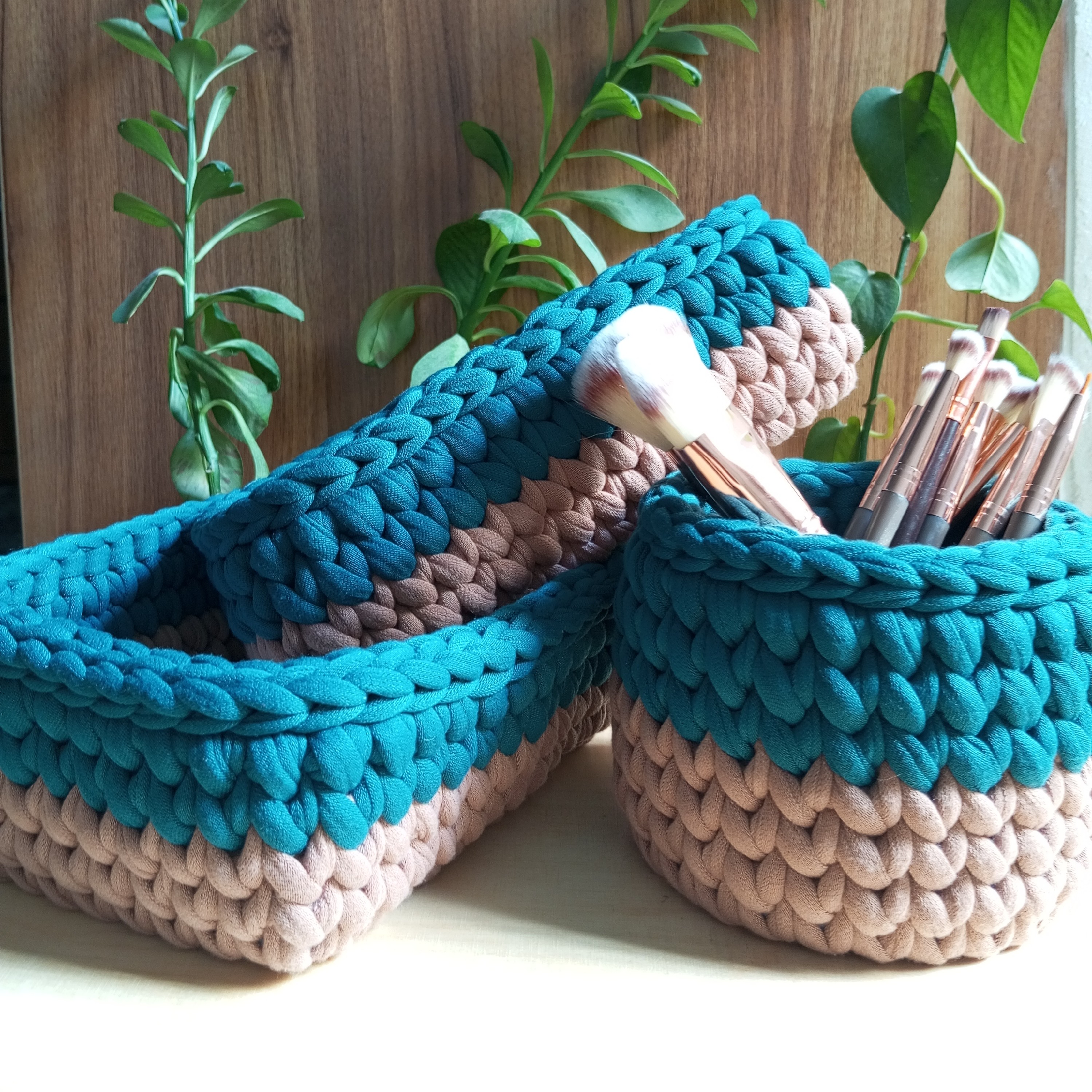 سبد تریکو- ست 3تایی- مدل گندمی- کرم و سبز- نظم دهنده- دایره و مستطیل