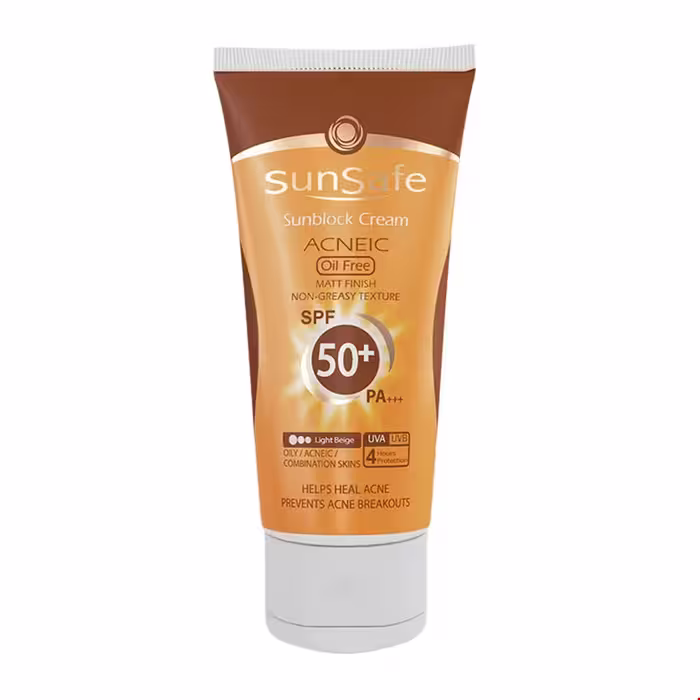 کرم ضد آفتاب SPF50 فاقد چربی مناسب پوست های چرب و آکنه ای سان سیف 50 میلی لیتری