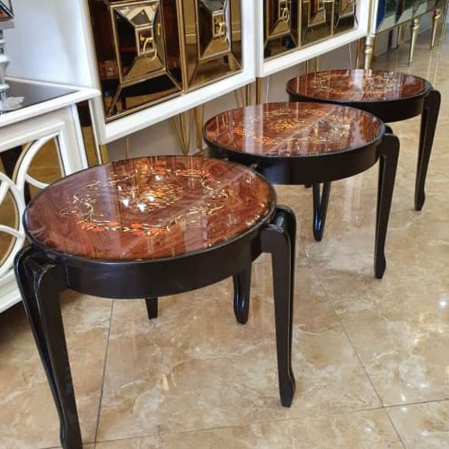 میز عسلی سه تکه چوبی پولیشی قهوه ای طرح دار
