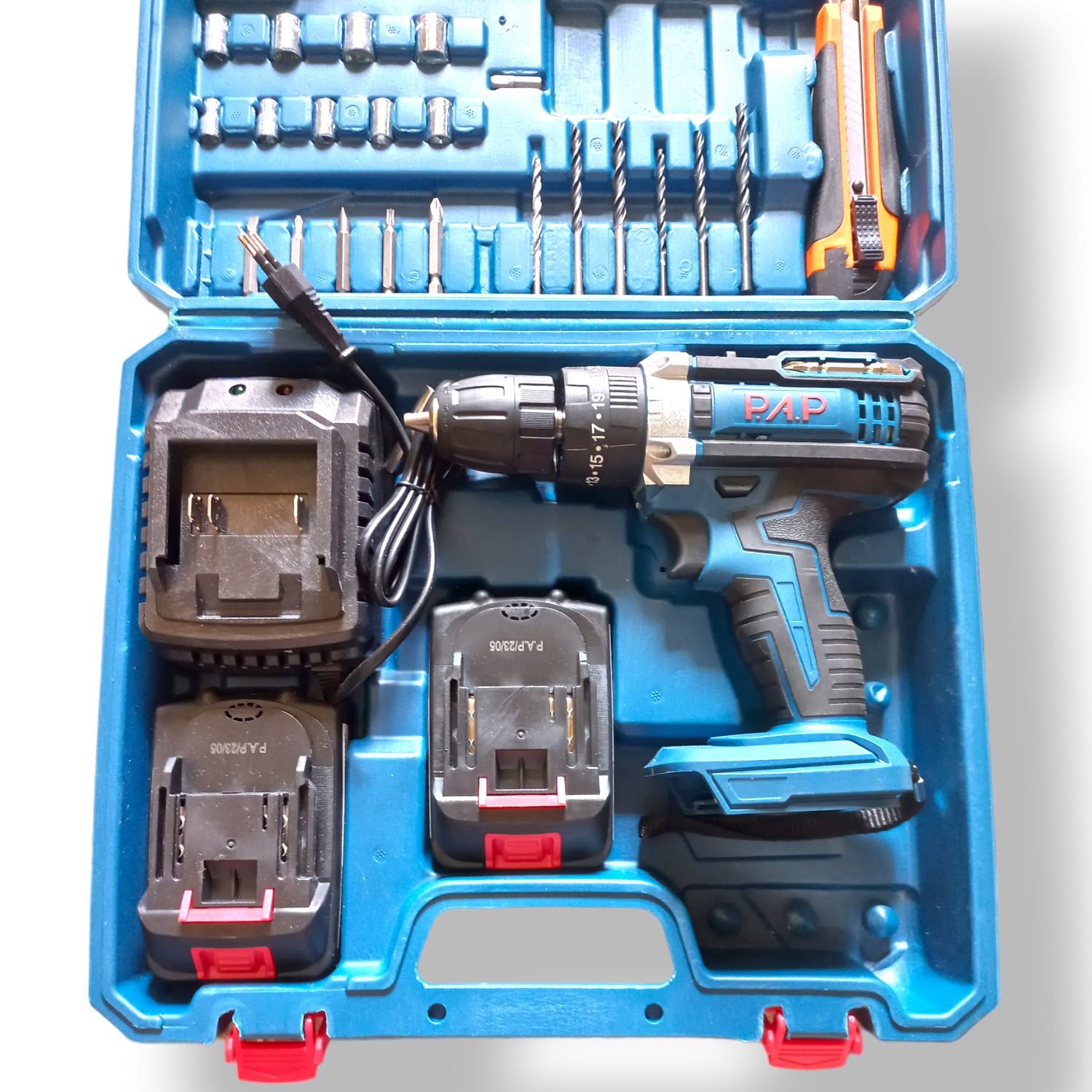 دریل شارژی 21 ولت برند پی ای پی چکشی دوباطری 