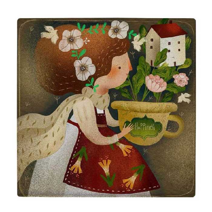 کاشی طرح دختر بچه و گلدان گل مدل لوحی BDT204