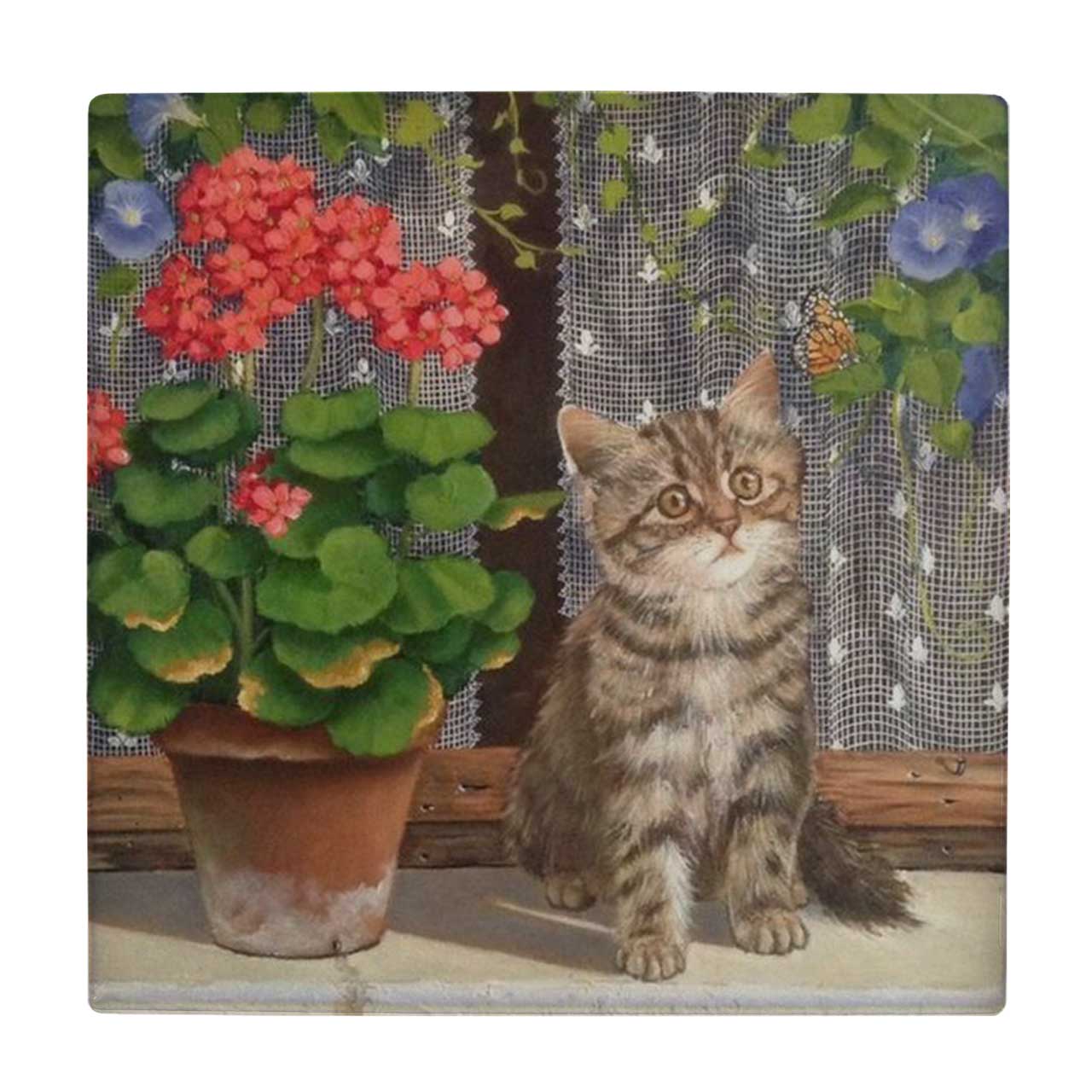  کاشی طرح نقاشی گربه و گلدان شمعدانی کد wk12046