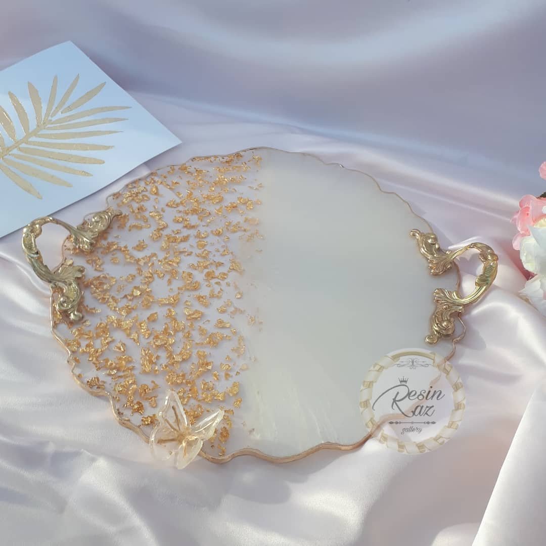 سینی سرو و پذیرایی تمام رزینی قطر 40 سانت دستگیره برنجی