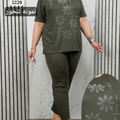 ست تیشرت و شلوار ویسکوز نگین کاری سایزبزرگ2225