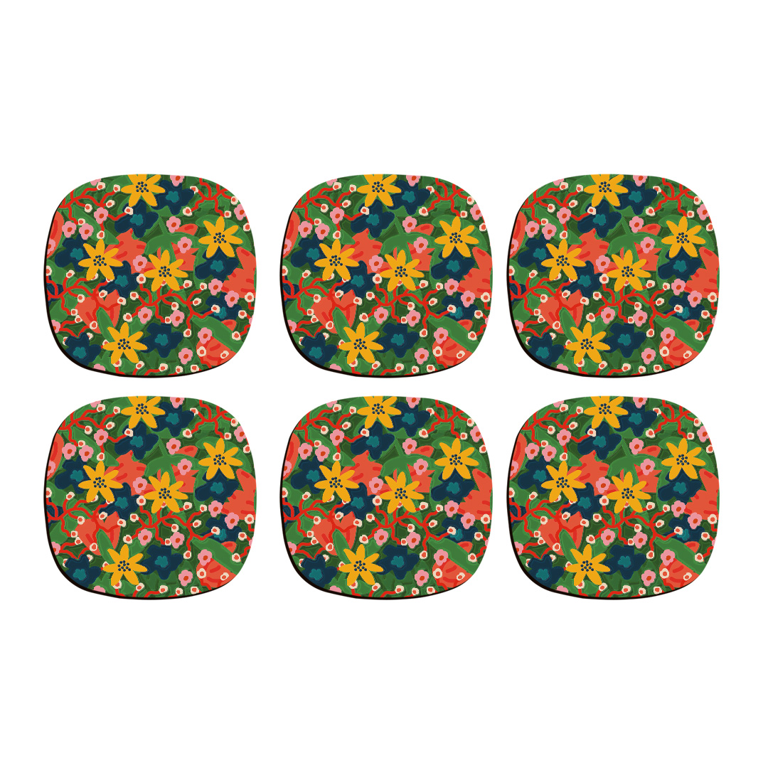 زیر لیوانی ترمه طراحان ایده مدل گل‌های سبز و زرد کد cfp1436 بسته شش عددی