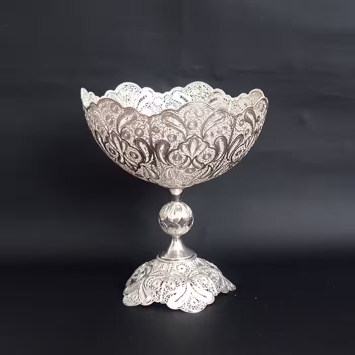 کاسه ملیله مسی پایه دار سایز 3  آبکاری نقره ساخت زنجان با کیفیت عالی 