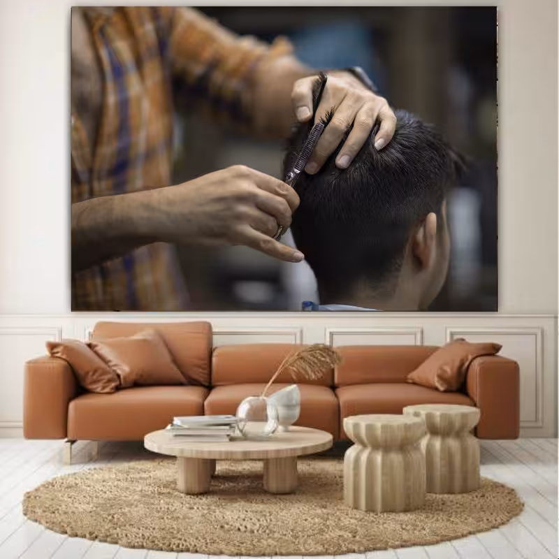 تابلو شاسی طرح شاسی پیرایش مردانه مدل دستان هنرمند کد GR1284 | دنیای قاب
