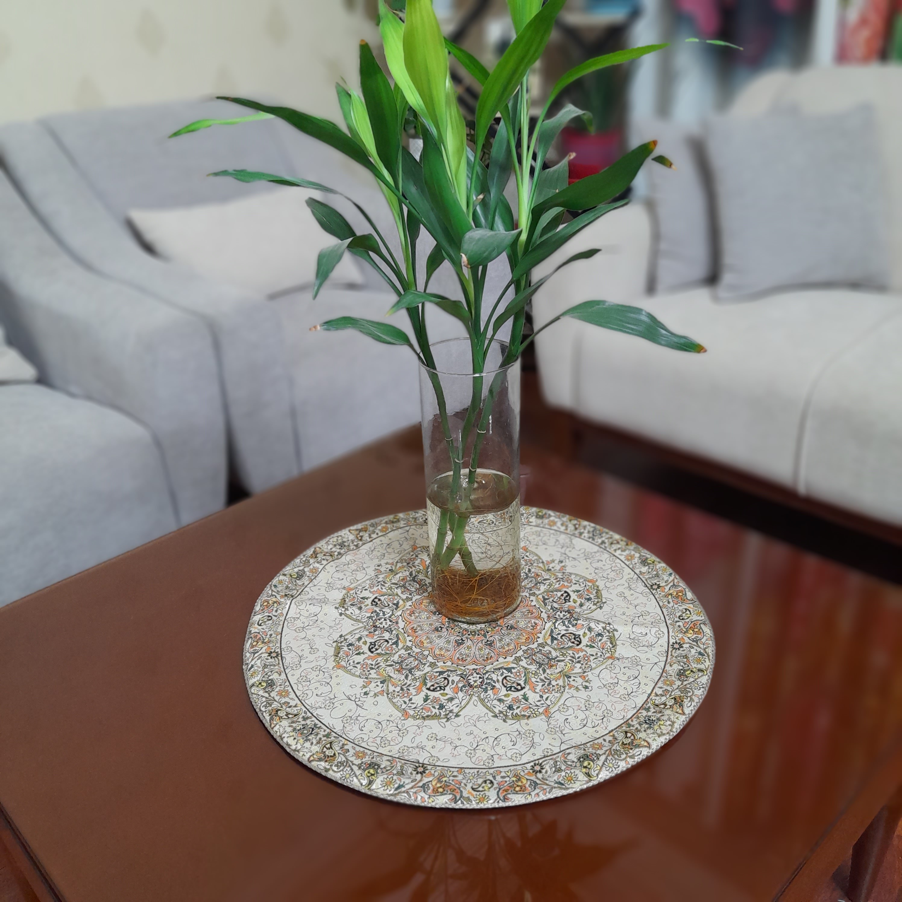 ترمه رومیزی گرد طرح افشار  بافت یزد قطر  50 رنگ ثابت قابل شستشو