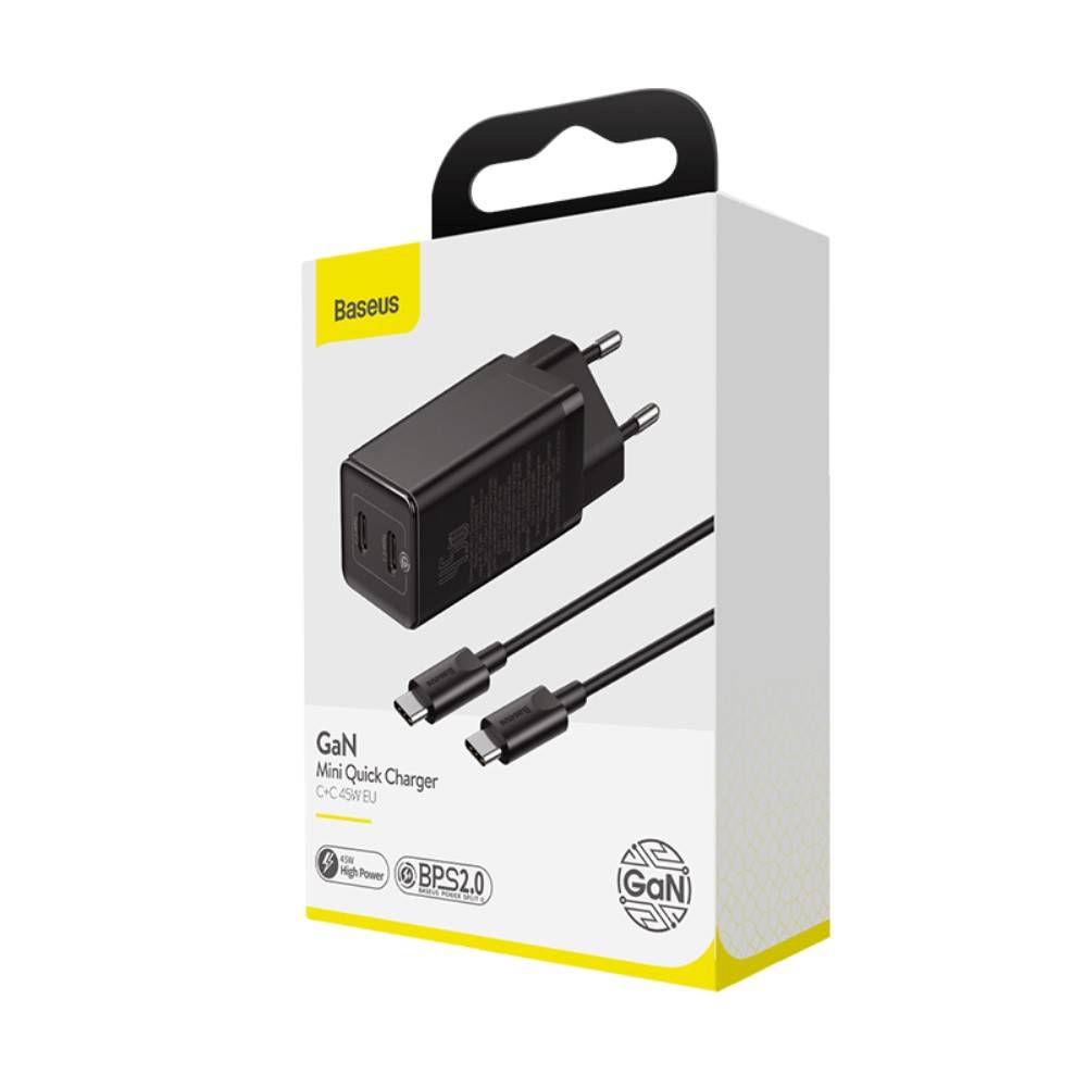شارژر دیواری دو پورت سریع بیسوس همراه با کابل شارژ یک متری Baseus GaN2 Mini Quick Charger 45W