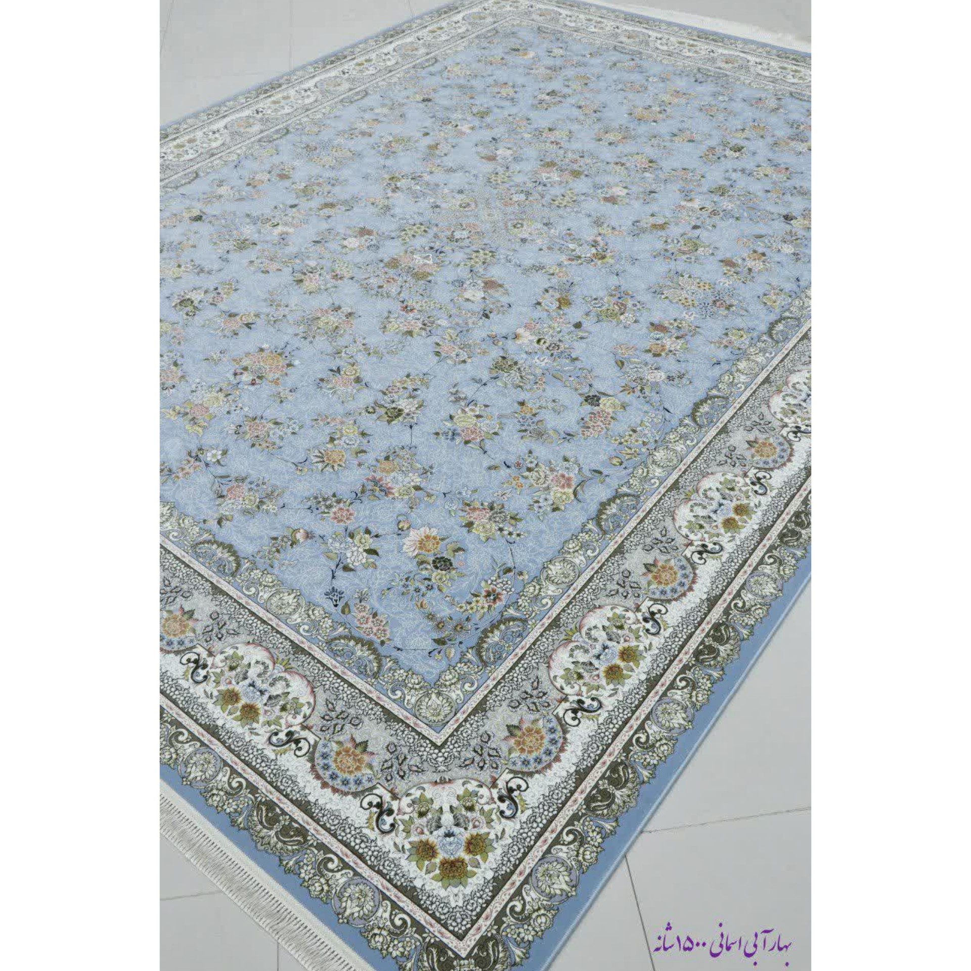 فرش ماشینی 1500 شانه گل برجسته اصل تراکم 4500 طرح بهار زمینه آبی 12 متری جنس اکرولیک