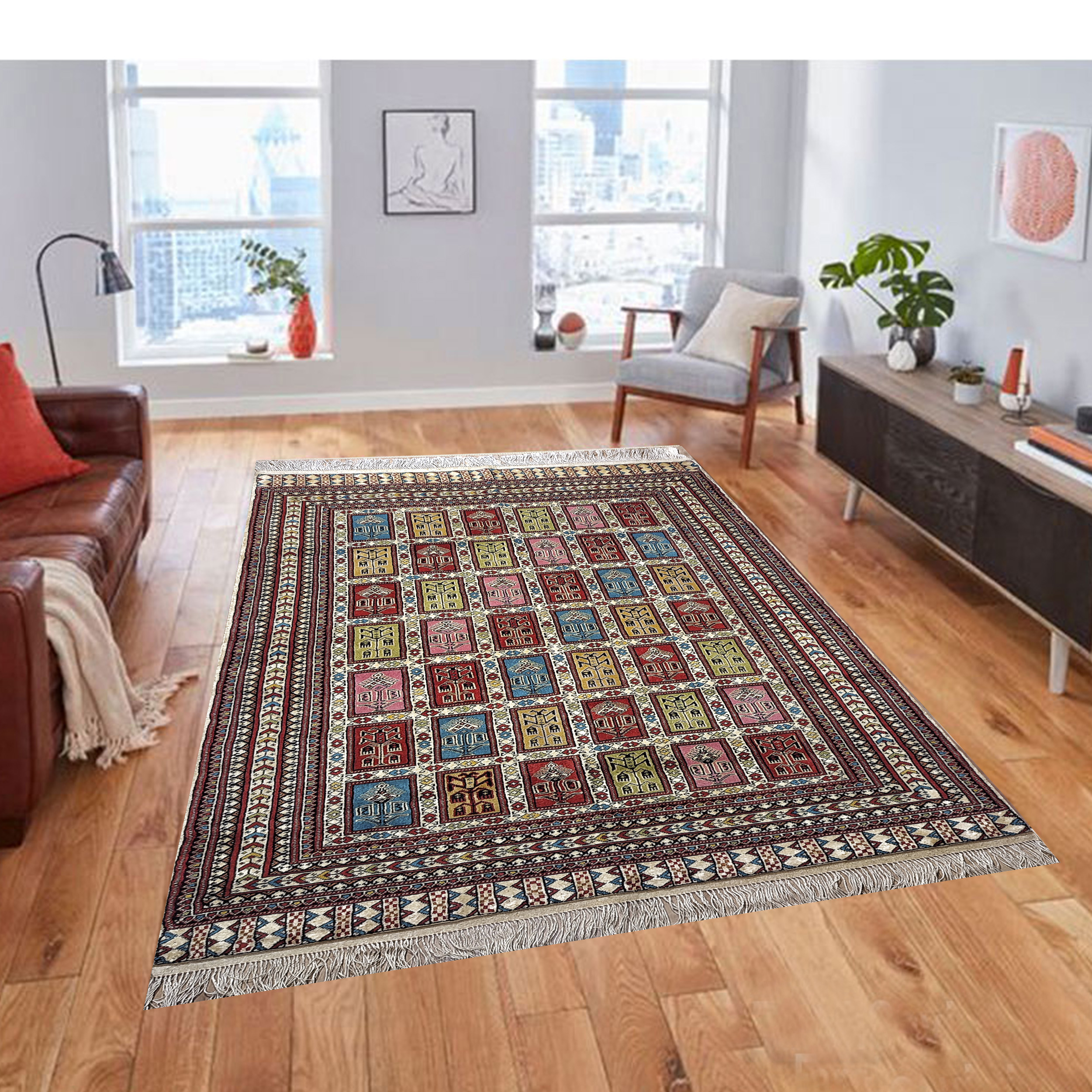 فرش دستباف دو و نیم متری طرح خشتی مدل AA