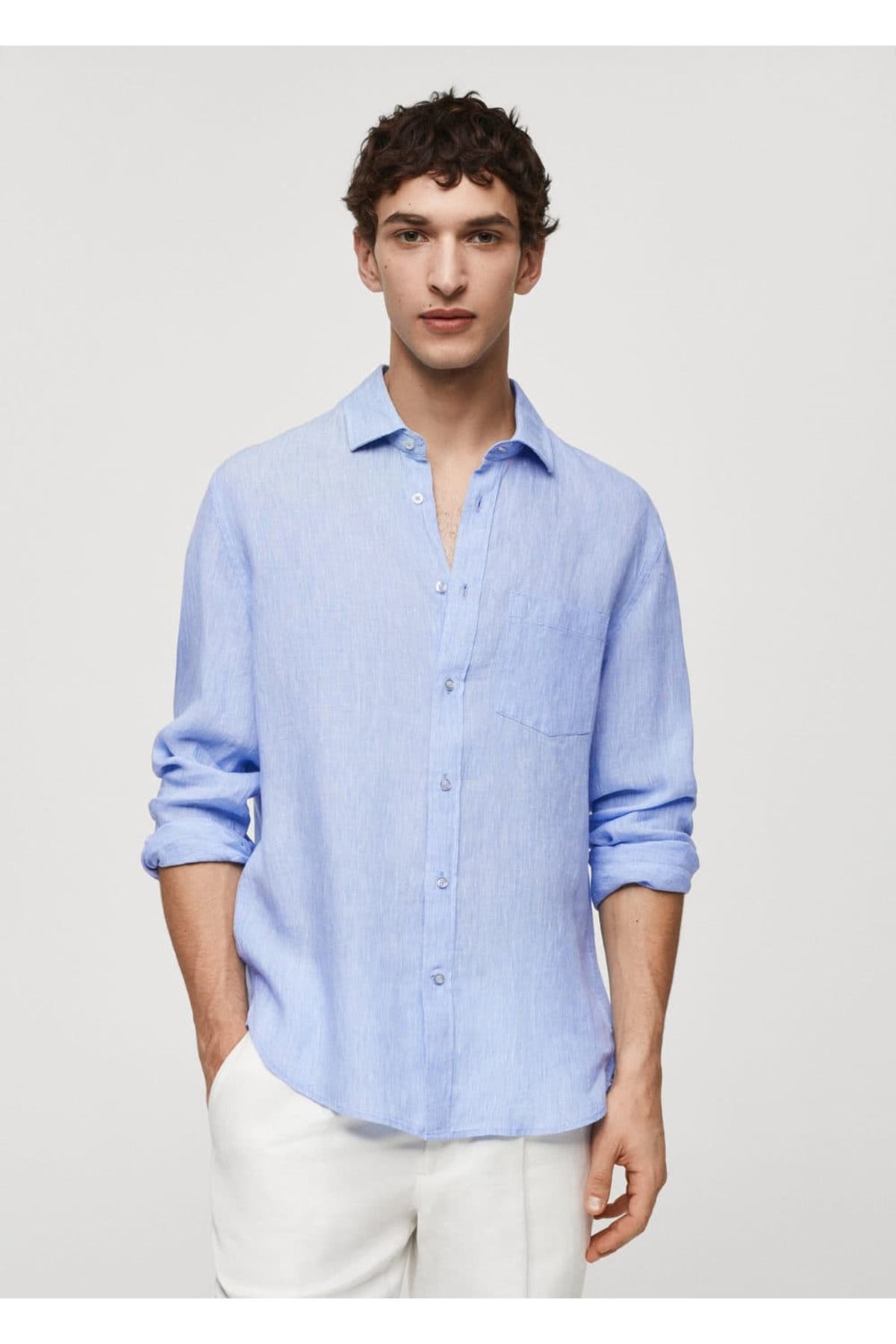 پیراهن / بلوز دکمه دار آبی مردانه کلاسیک 100 ٪ کتانی MANGO Man