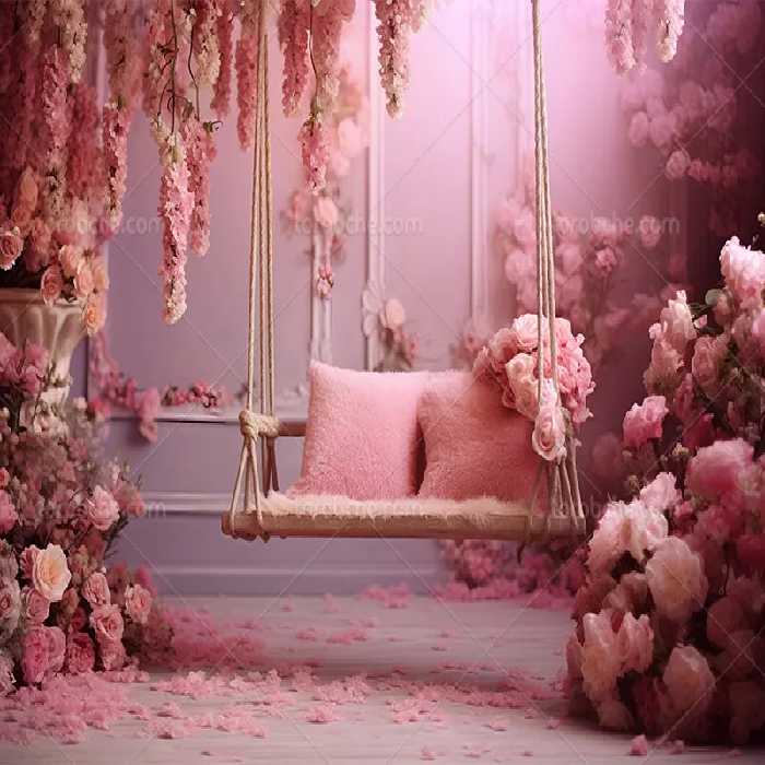 بک دراپ عکاسی تاب دو نفره با گلهای صورتی | گرافیک با طعم تربچه