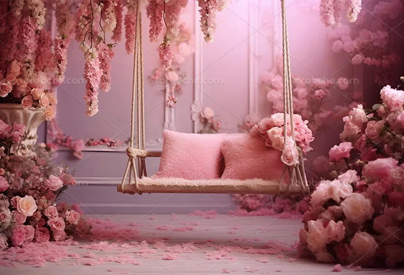 بک دراپ عکاسی تاب دو نفره با گلهای صورتی | گرافیک با طعم تربچه