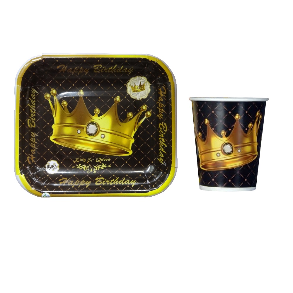 پیش دستی و لیوان یکبار مصرف الیکا طرح تاج بسته 30 عددی