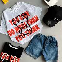 ست تیشرت و شلوارک جین کاغذی اسپورت جنس تیشرت نخ پنبه عالی مناسب 2 تا 9 سال شیک و خوشگل 