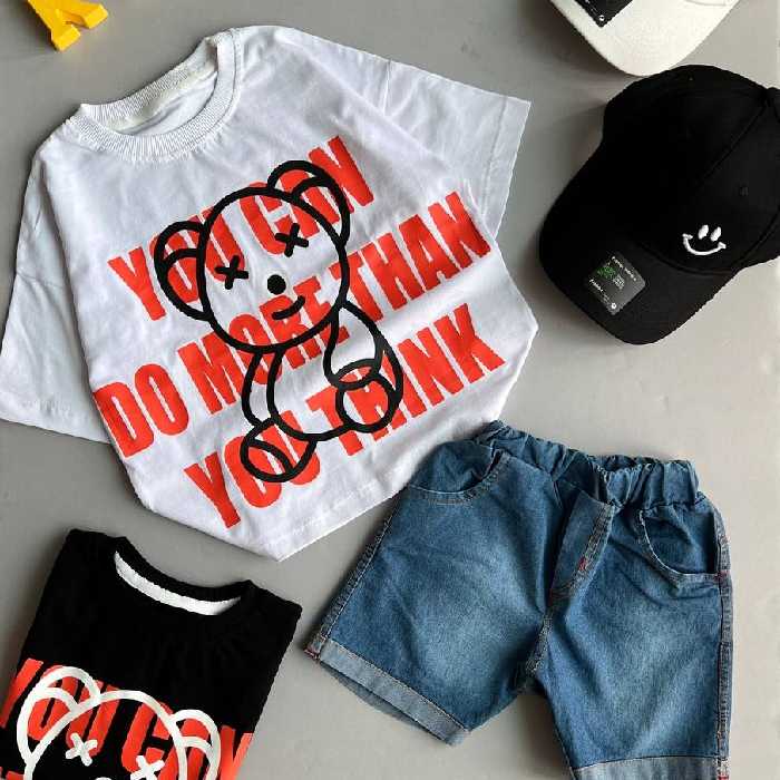 ست تیشرت و شلوارک جین کاغذی اسپورت جنس تیشرت نخ پنبه عالی مناسب 2 تا 9 سال شیک و خوشگل 