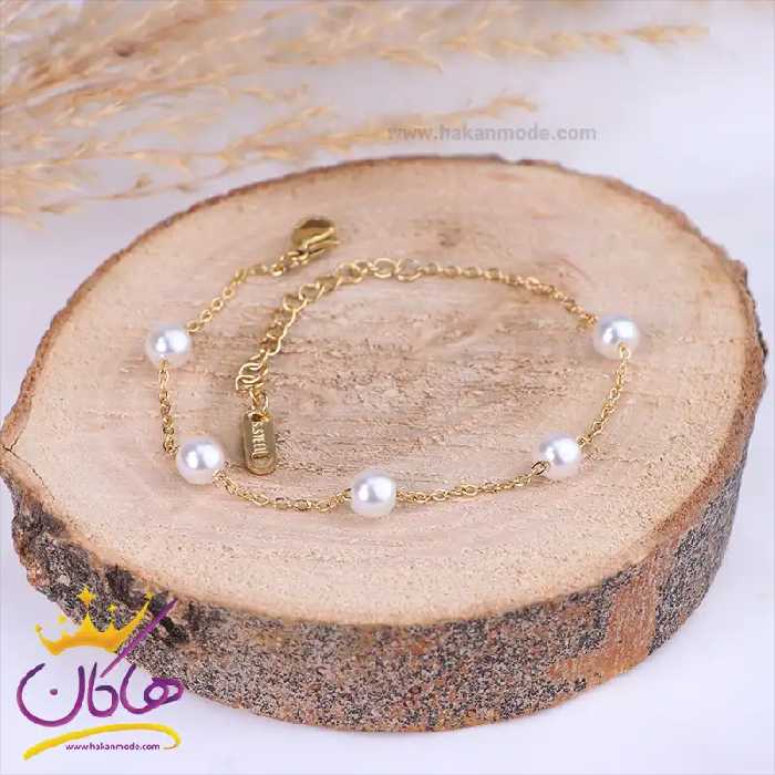 دستبند استیل زنانه زنجیر و مروارید | st 4327