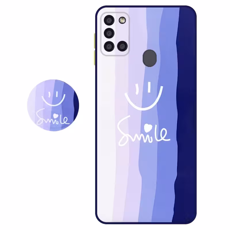 کاور سه بعدی رینبو تم آبی Rainbow Blue Theme مناسب برای گوشی Samsung Galaxy A21S مدل دکمه رنگی محافظ لنزدار به همراه پاپ سوکت طرح رنگین کمانی زنانه و مردانه