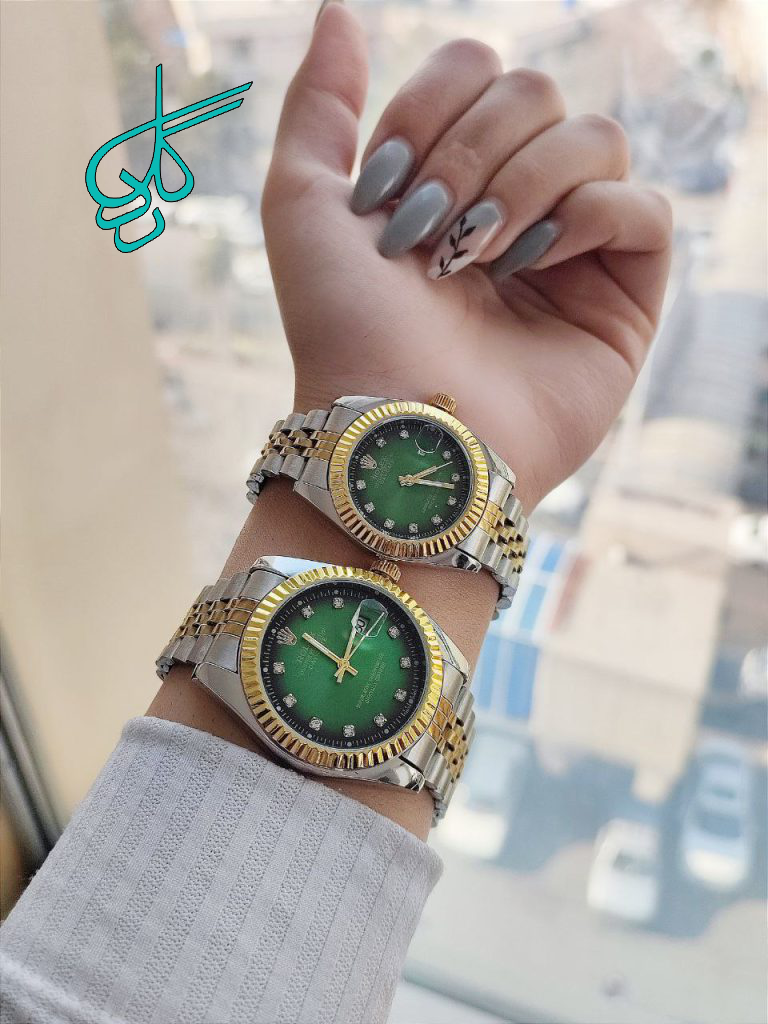 خرید ست ساعت زنانه و مردانه مارک رولکس تقویم دار رنگ ثابت صفحه سبز قفل ضامن دار کد 2116373 - ردگل