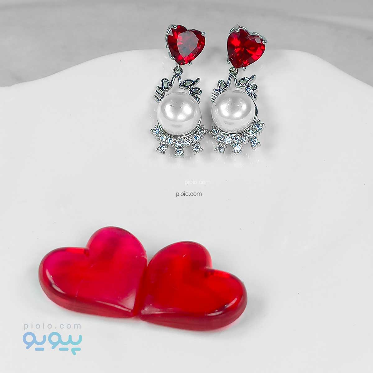 گوشواره میخی نگین قلبی و مروارید