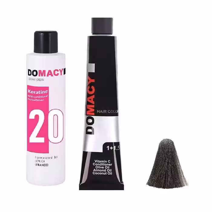 رنگ مو دوماسی شماره 4.00 حجم 120 میلی لیتر رنگ قهوه ای متوسط به همراه اکسیدان کد 01 شش درصدی حجم 180 میلی لیتر 