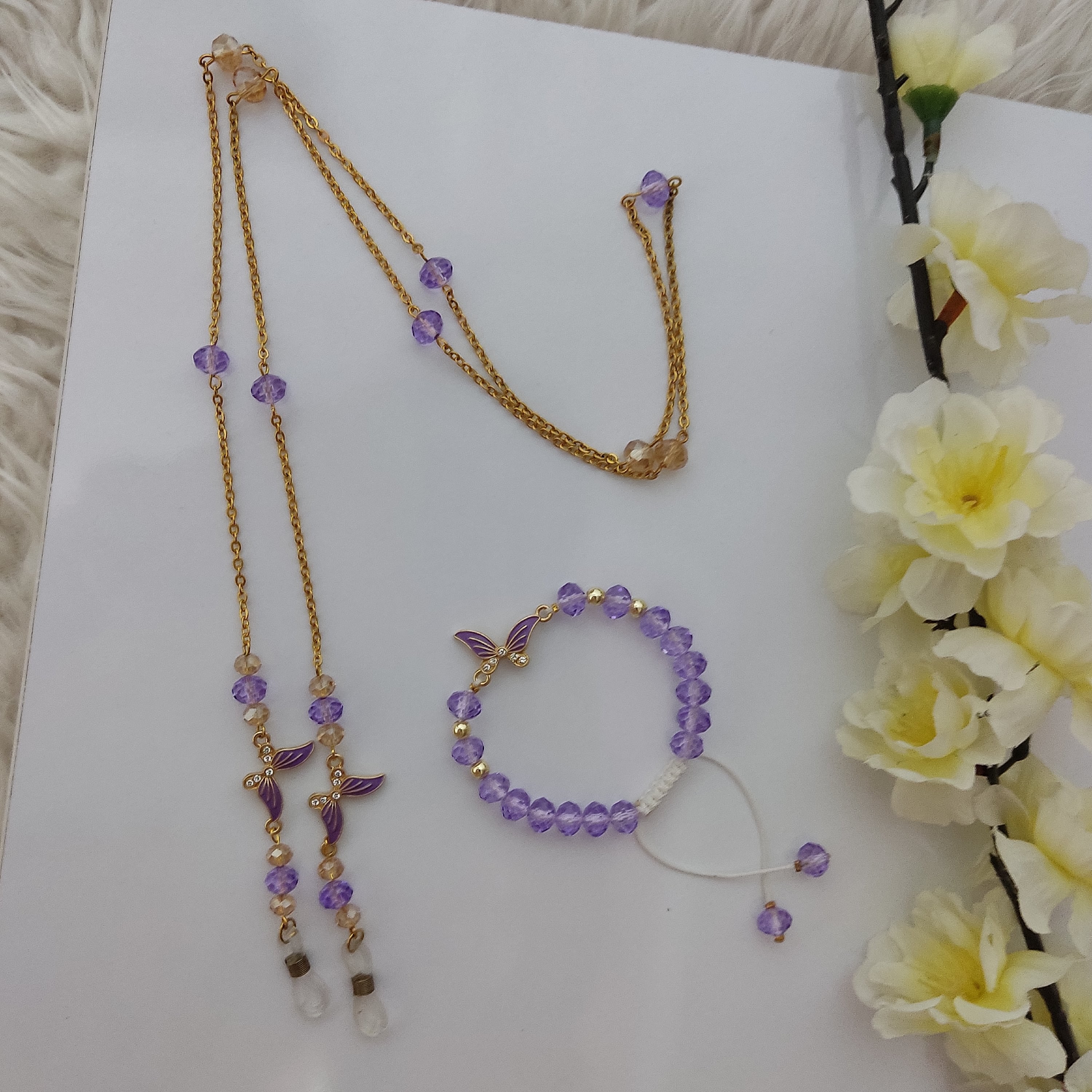 بند عینک با دستبند با پروانه بنفش