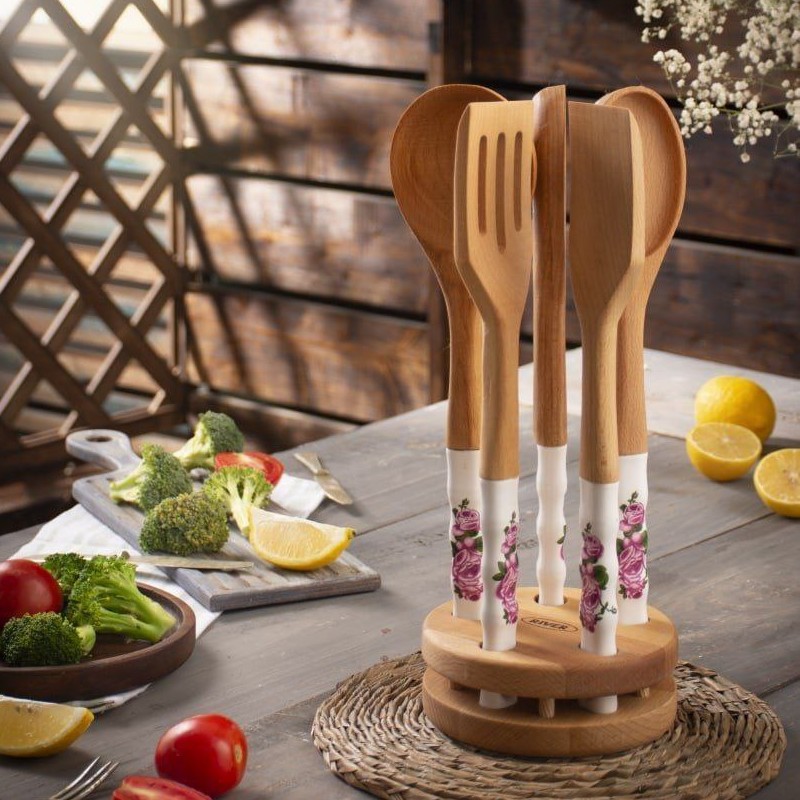 کفگیر و ملاقه چوبی دسته چینی نسوز  ریور در 6 طرح  متنوع 

