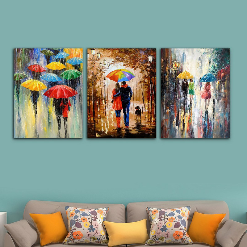 تابلو شاسی دنیای قابطرح نقاشی رنگ روغن عاشقانه چتر و باران مدل SH-928 مجموعه 3 عددی | دنیای قاب