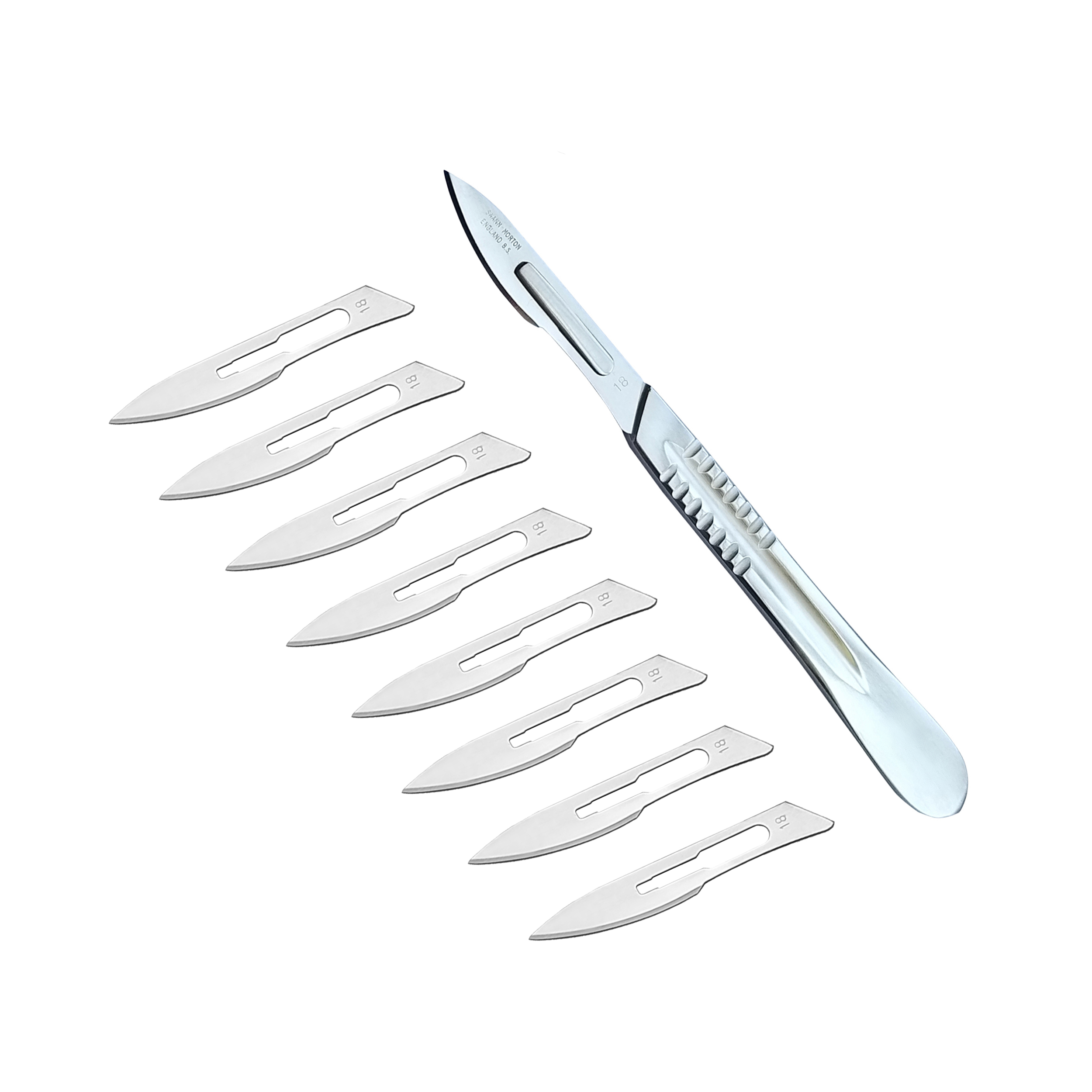 دسته تیغ جراحی مدل SKJYT002369 شماره 4 به همراه تیغ استریل شماره 18 کد SKJUQW002369 مجموعه 9 عددی