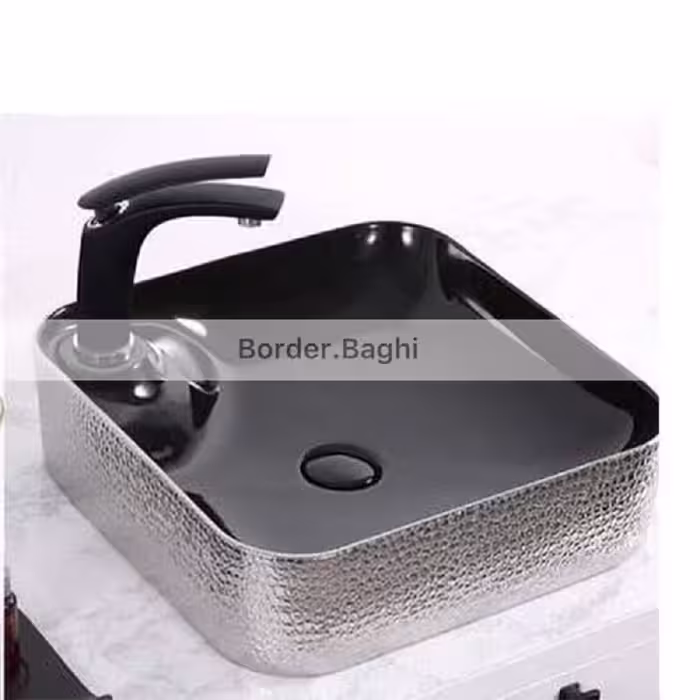 کاسه روشویی مدل نقره ای مشکی پوست ماری شیر خور مربع