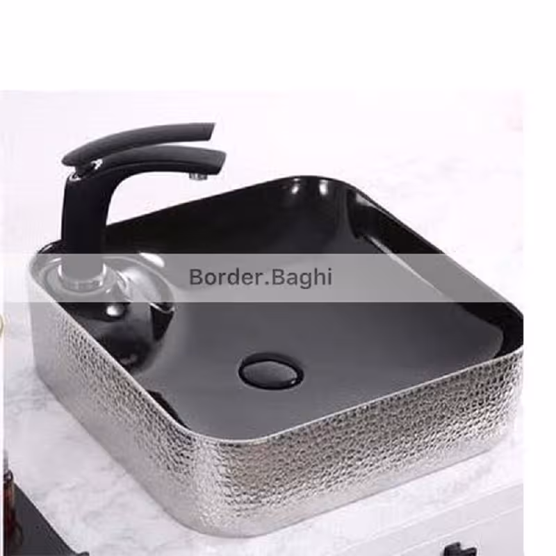 کاسه روشویی مدل نقره ای مشکی پوست ماری شیر خور مربع