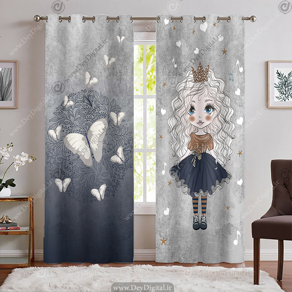 پرده چاپی اتاق دخترانه طرح پرنسس و پروانه با زمینه بافت دار طوسی و سرمه ای WA-2437
