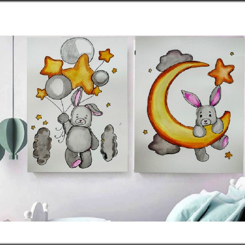 تابلو نقاشی ابرنگی دوتکه خرگوش  کد639 کار به همراه قاب ودر سایز دلخواه