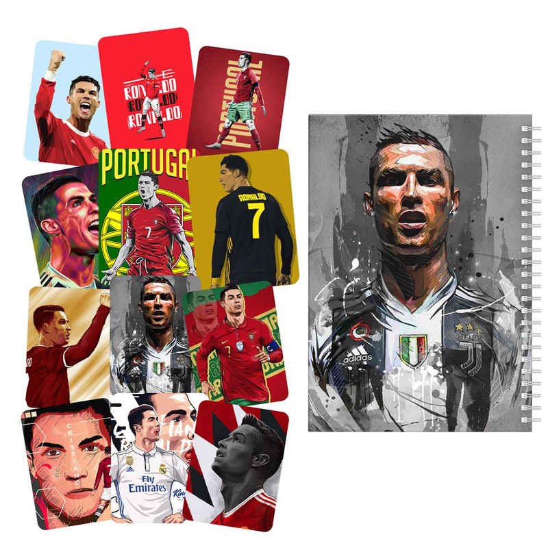 دفتر نقاشی باژیکان طرح فوتبالی رونالدو کد 20100565 به همراه استیکر لپ تاپ مجموعه 12 عددی