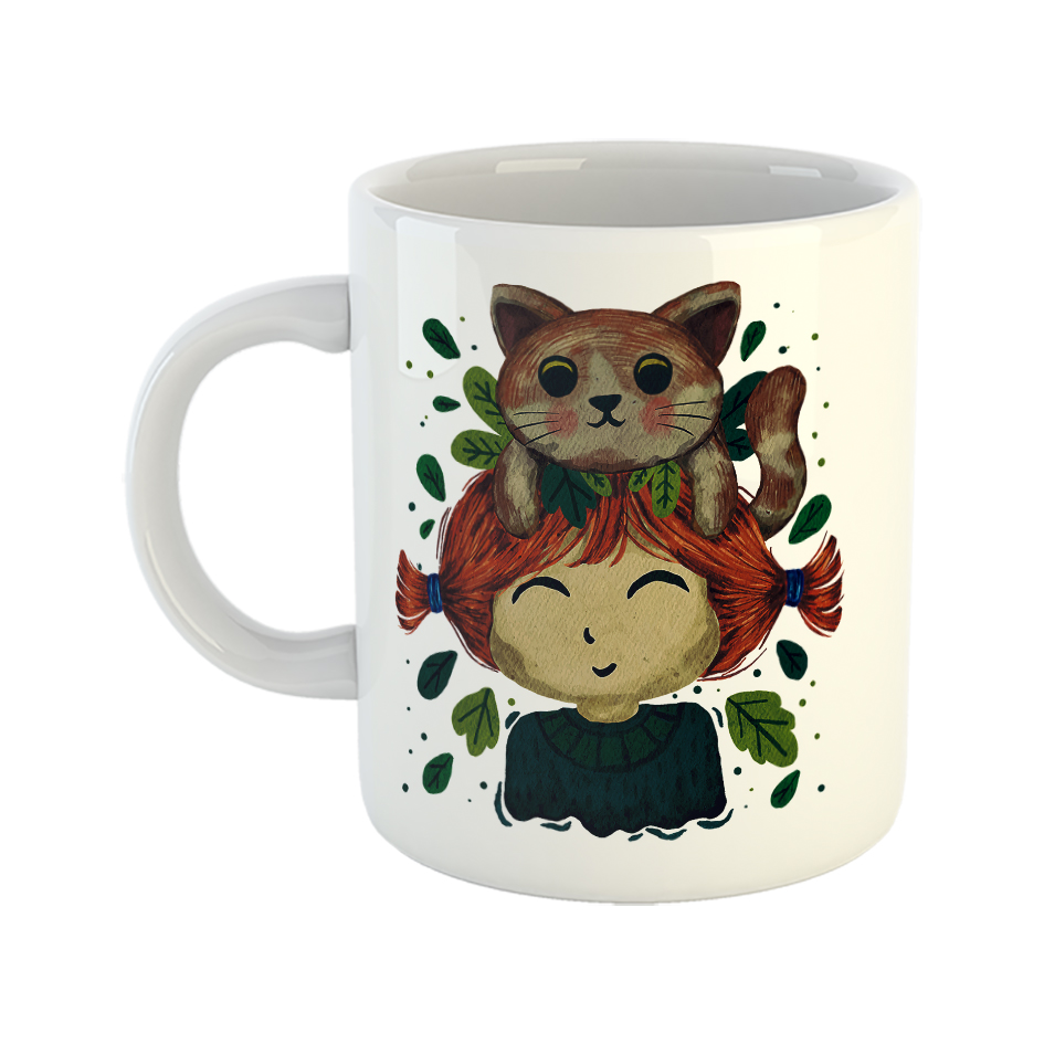 ماگ طرح دختر مو حنایی و گربه