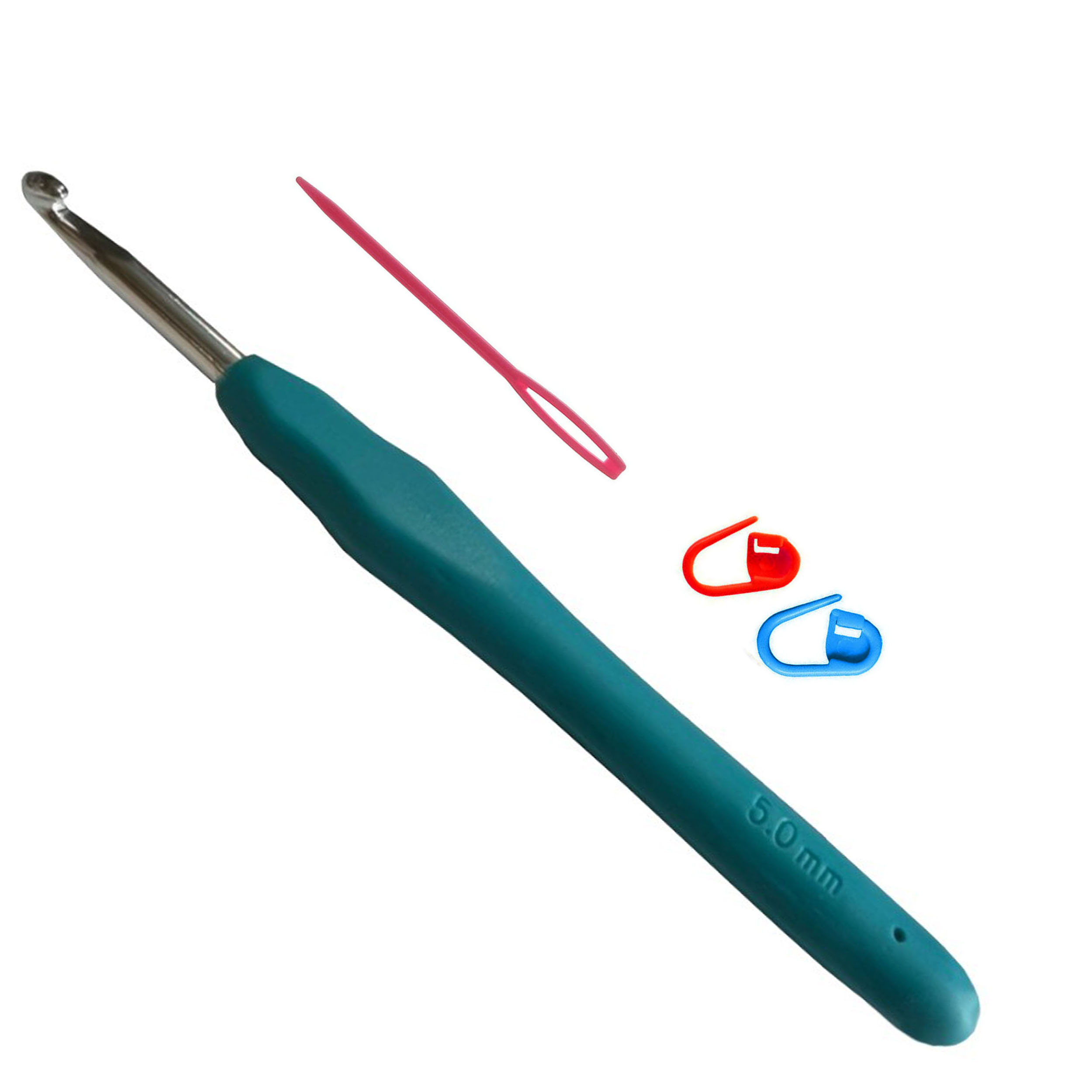 قلاب بافتنی مدل ZHL-S-5.0mm به همراه سنجاق نشانه گذار بافتنی و سوزن دوخت کاموا مجموعه 4 عددی