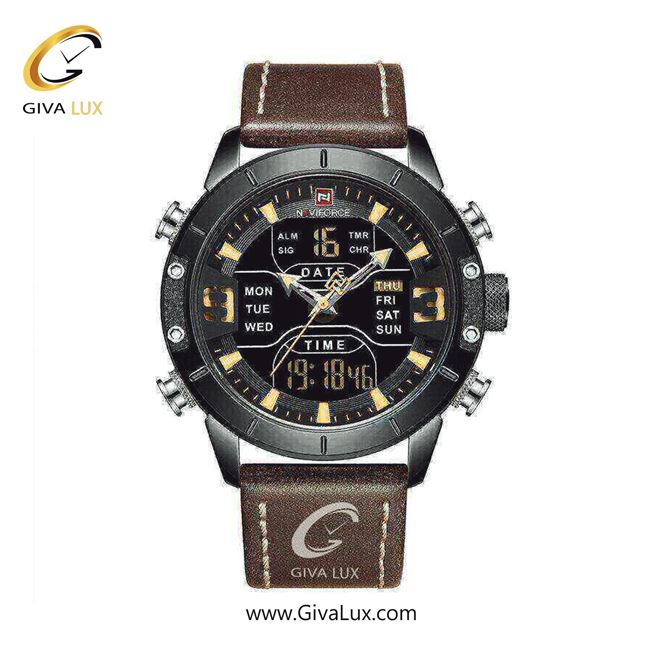 ساعت مچی مردانه دو زمانه بند چرمی قهوه‌ای ناوی فورس (نیوی فورس) NF9153 B/Y/BN