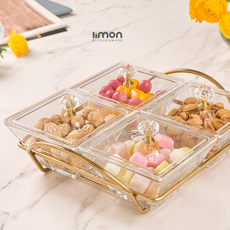 اردوخوری شیشه ای مربع استنددار چهارخانه با درب اکرولیک لیمون (limon) ( رنگ نقره ای، طلایی)