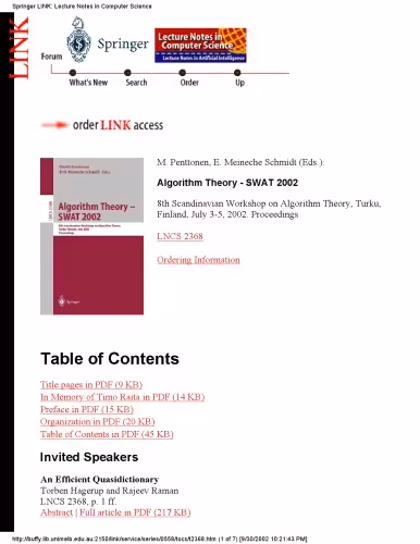 خرید و دانلود نسخه کامل کتاب Algorithm Theory — SWAT 2002: 8th Scandinavian Workshop on Algorithm Theory Turku, Finland, July 3–5, 2002 Proceedings