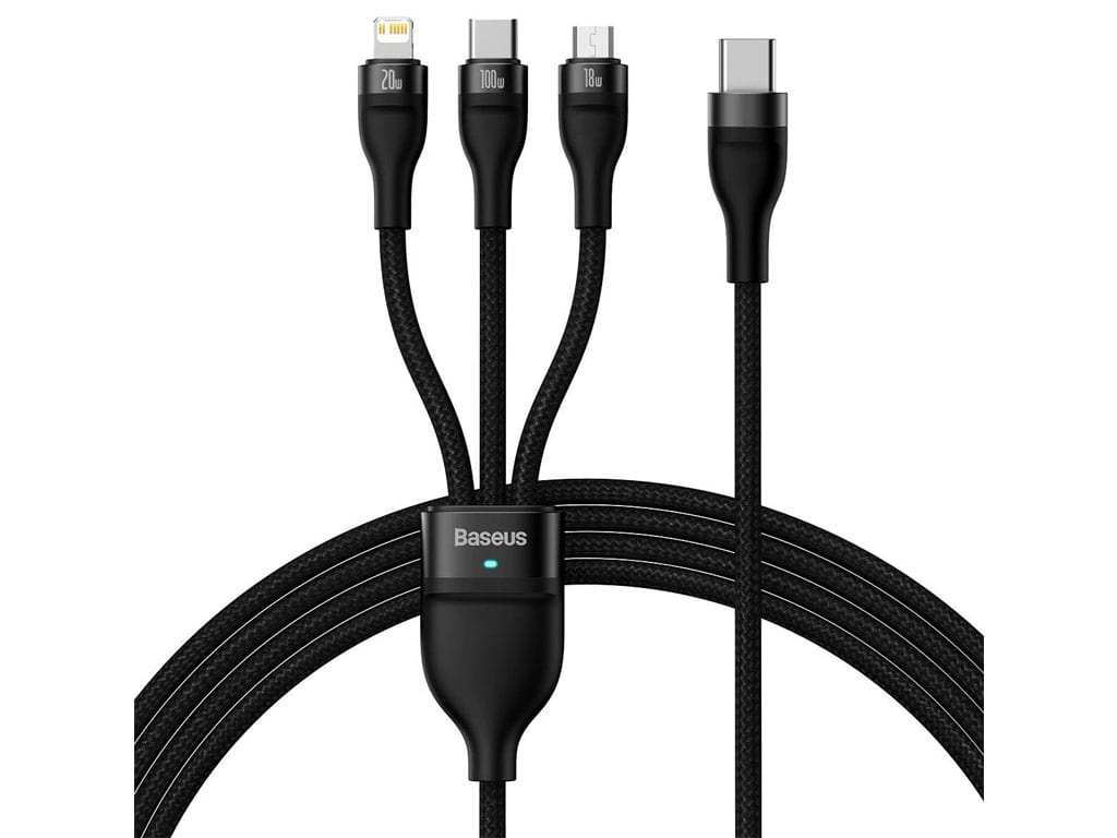 کابل فوق شارژ سریع سه سر تایپسی به لایتنینگ، میکرو و تایپسی 1.5 متری بیسوس Baseus Flash Series Fast Charging Cable 100W CASS030201