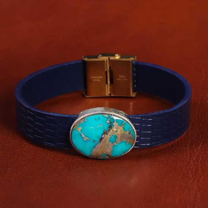 دستبند چرم فیروزه کد 20788 - جواهری مشاهیر
