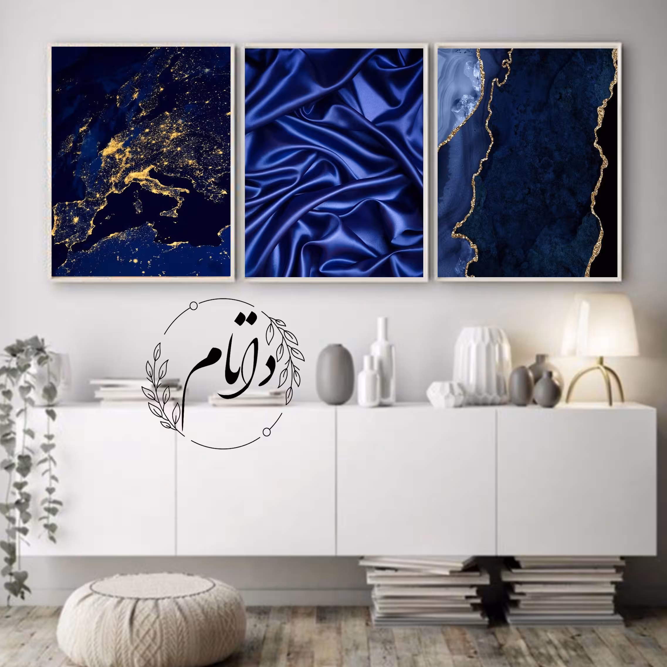 ست سه تیکه  تابلو دکوراتیو آبی و طلایی سایز  30در40 