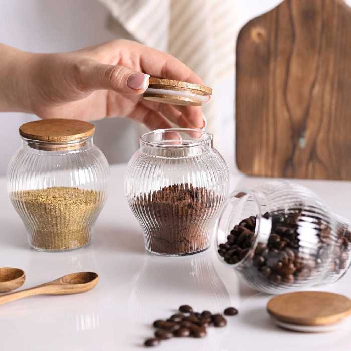 بانکه شیشه ای خمره ای با درب بامبو