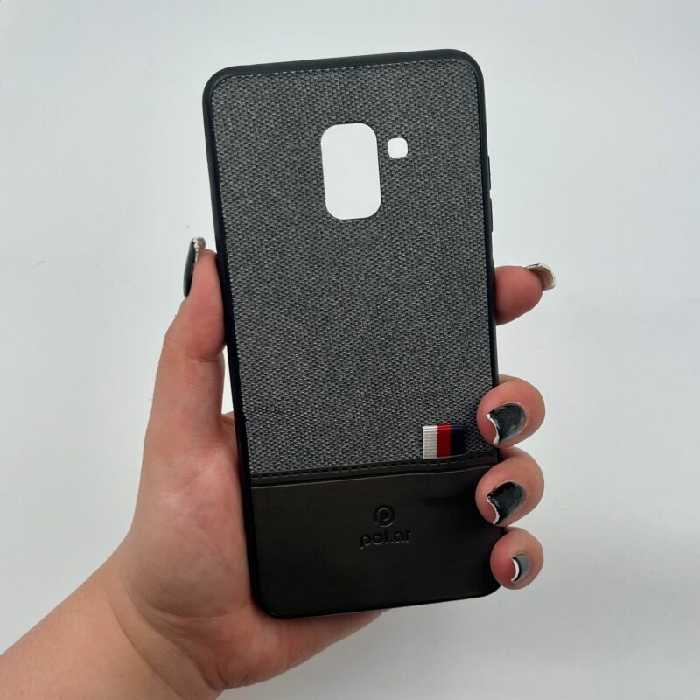 قاب گوشی (A730) Galaxy A8 Plus 2018 سامسونگ چرمی پشت طرح دار طوسی کد 53428