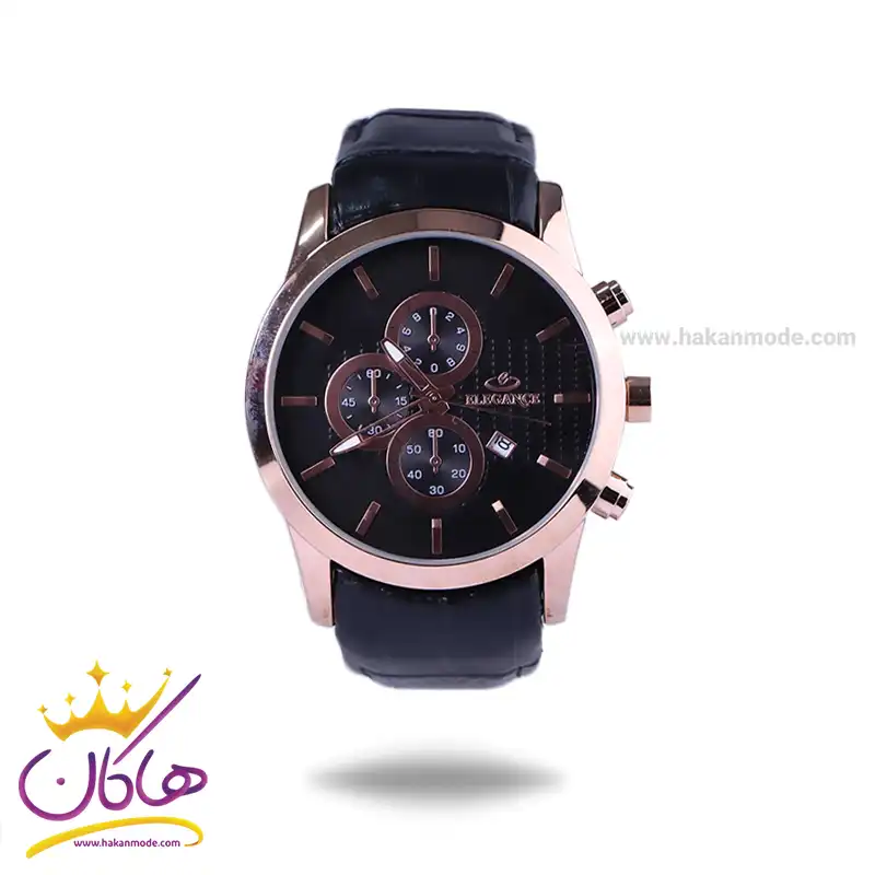 ساعت عقربه ای الگانس مردانه بند چرم مشکی قاب رزگلد G1196/1