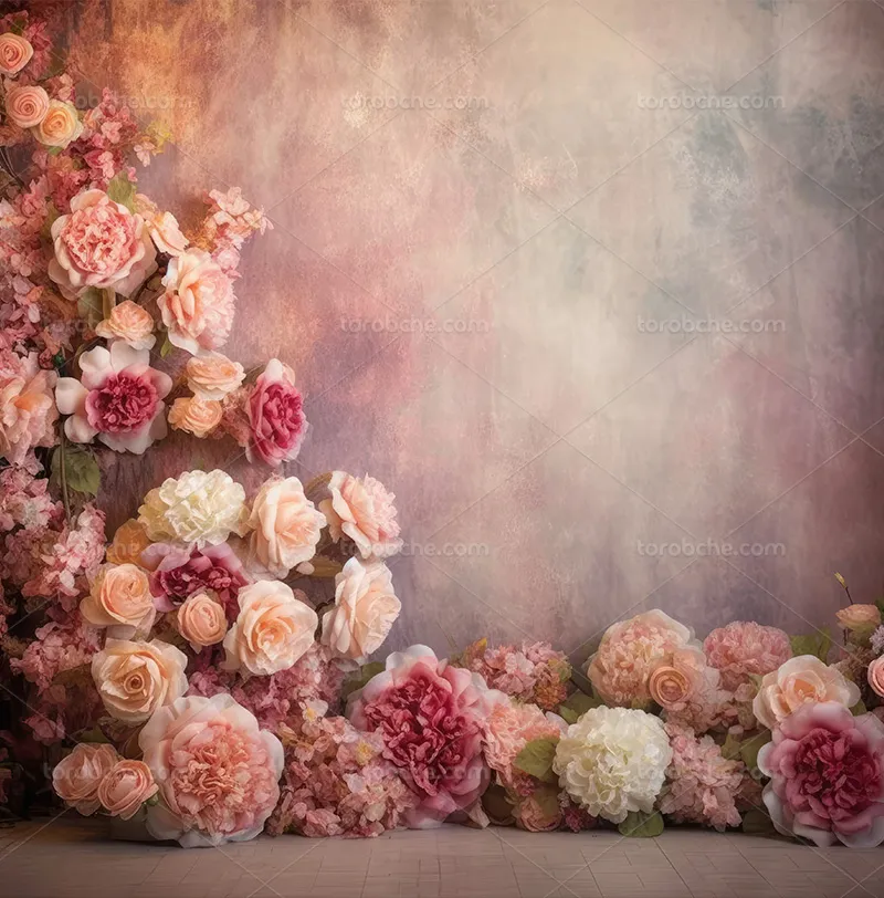 بک دراپ عکاسی با گل صورتی و برگ سبز | گرافیک با طعم تربچه