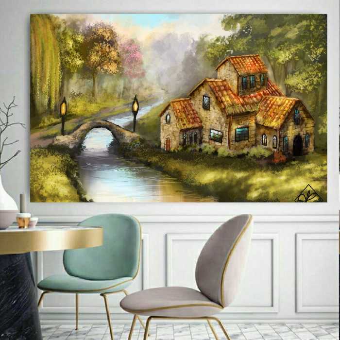 تابلو بوم طرح کلبه و برکه کدTB213